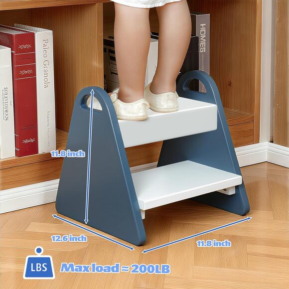 Toddler Step Stool for Kids Safe Wooden Two-Step Stool w/ Handles, Non-Slip,Blue - Picture 7 of 7